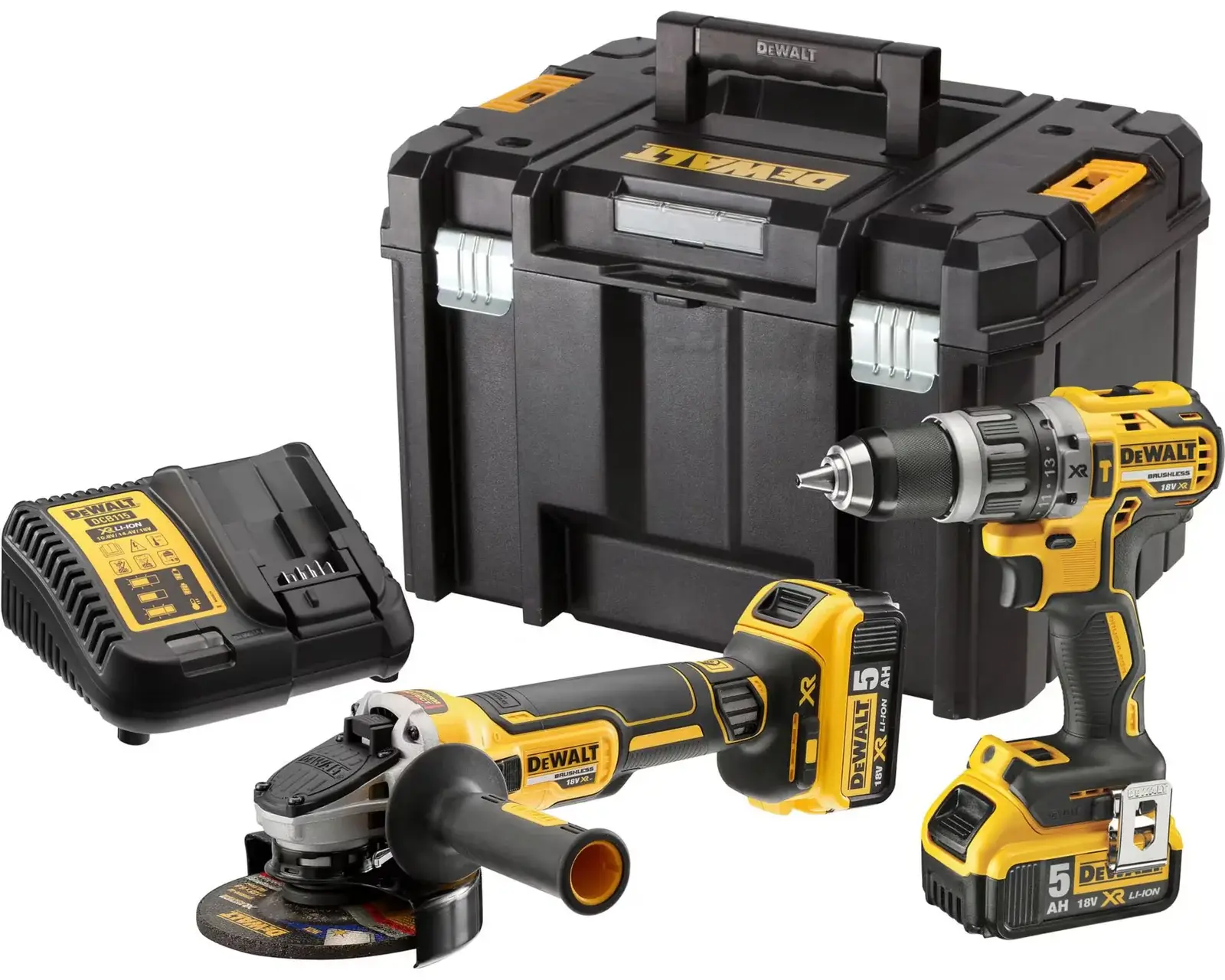 KIT XR 18V = DCD796 Taladro Percutor + DCG405 Amoladora + 2 baterías Li-Ion 5Ah + maletín TSTAK VI
