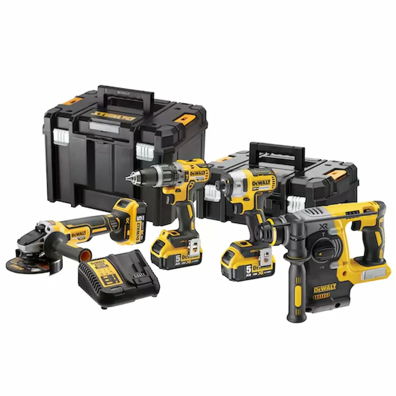 KIT 18V=TALADRO PERCUTOR DCD805+ATONILLADOR IMPACTO DCF850+MINI-AMOLADORA DCG405+MARTILLO ELECTRONEUM. DCH273+3 BATERIAS 5AH DCB184